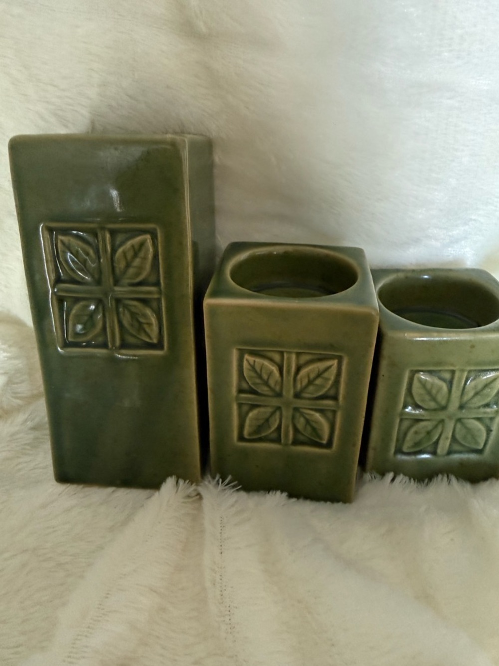 Vintage Party Lite Green Square Pillar Candleholders Leaves 3 Piece Tea light